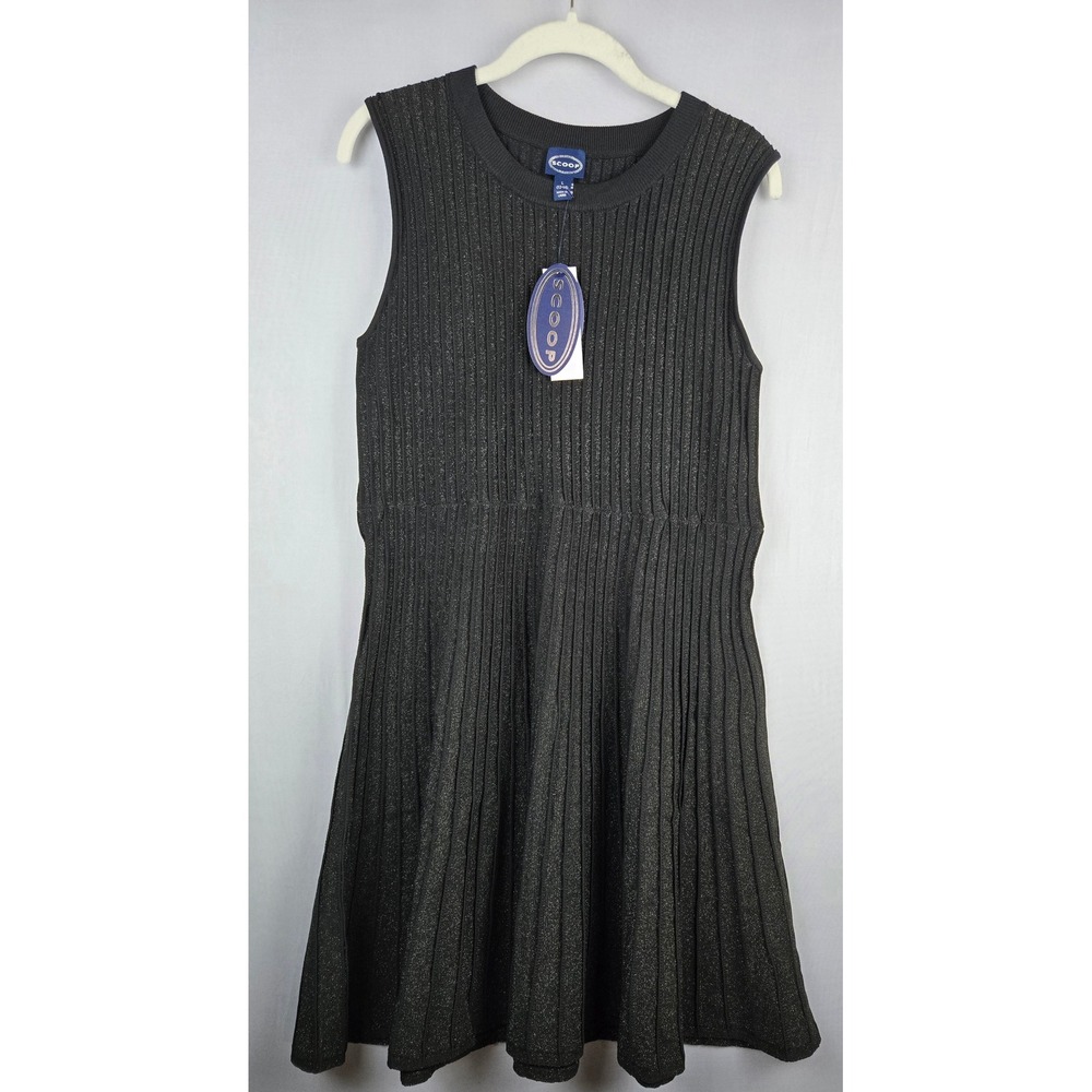 Scoop Womens Metallic Ribbed Knit Fit and Flare Sleeveless Sweater Dress Black L